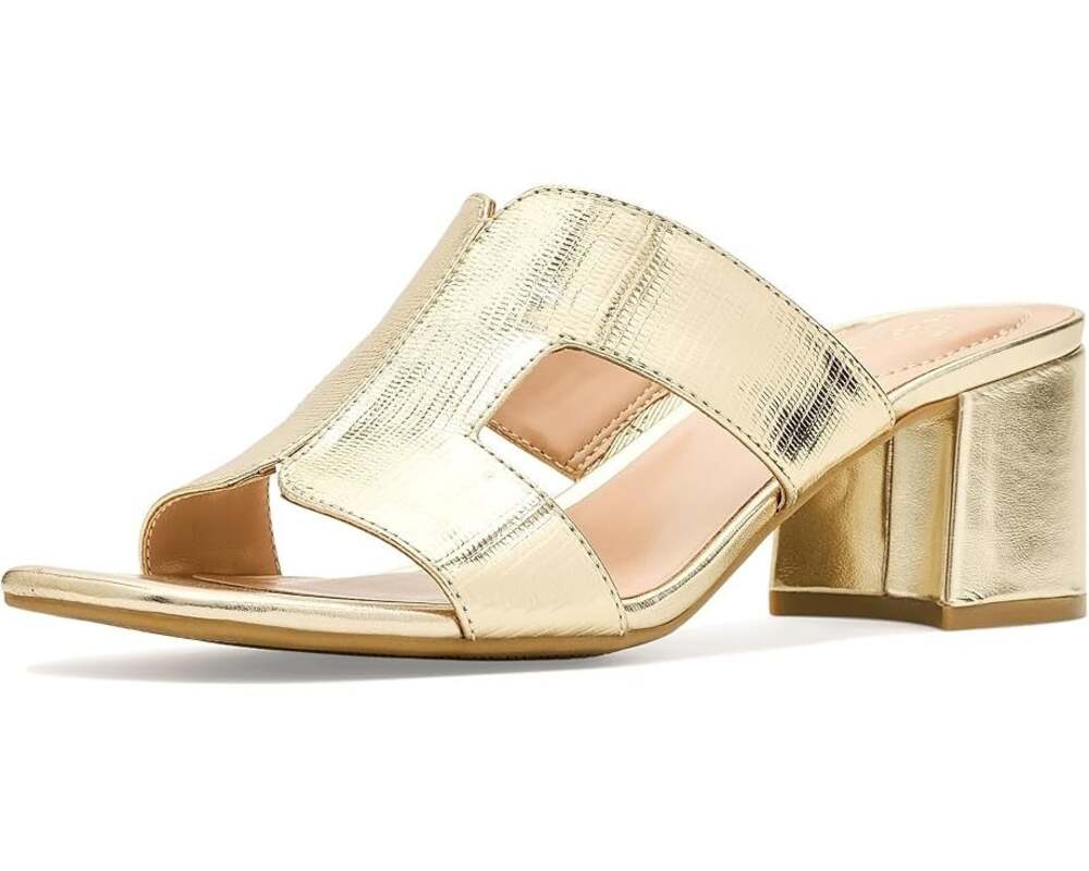 Bandolino Womens Merring Block Heel Slide Sandals Size 9 Gold Lizard NIB